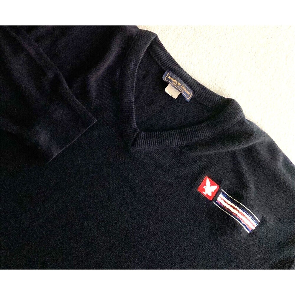 Vintage Andrew Rohan Acrylic V Neck Sweater Mens Large Navy Blue USA